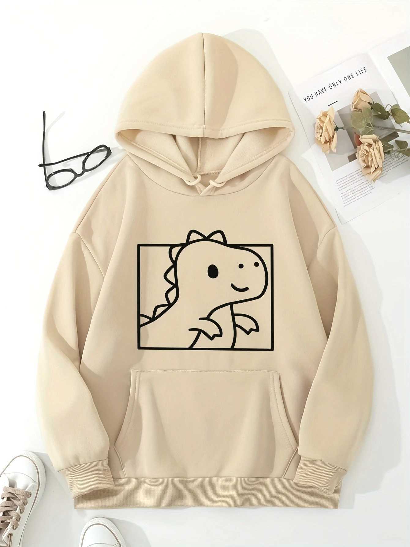 Cartoon Dinosaur Pattern Print 2025 Autumn Winter Womens Hoodie Casual Top Long Sleeved Hoodie Sweatshirt Womens ClothingZ250918