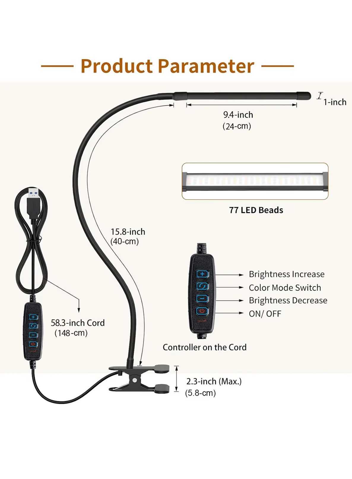 10W LED Desk Lamp with Clamp Dimmable Clip On Reading Light 10 Brightness Level 3 Lighting Modes Flexible Study Table Lamp USB C250918