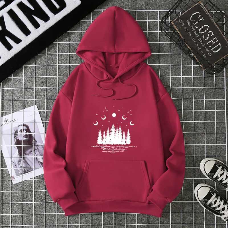 New Hooded Dark Forest Print Letter Universe Faith Harajuku Hooded Women Hoodie Oneck Long Sleeve White Tops Female ClothingZ250918