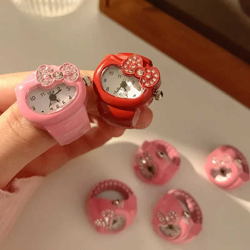 2pcs Sanrio wholesale Kawaii Hello Kitty Watch Ring Cute Kt Cat Bow Rhinestone Clock Ring Watch Girls Ornaments Children Toys Gifts L250918