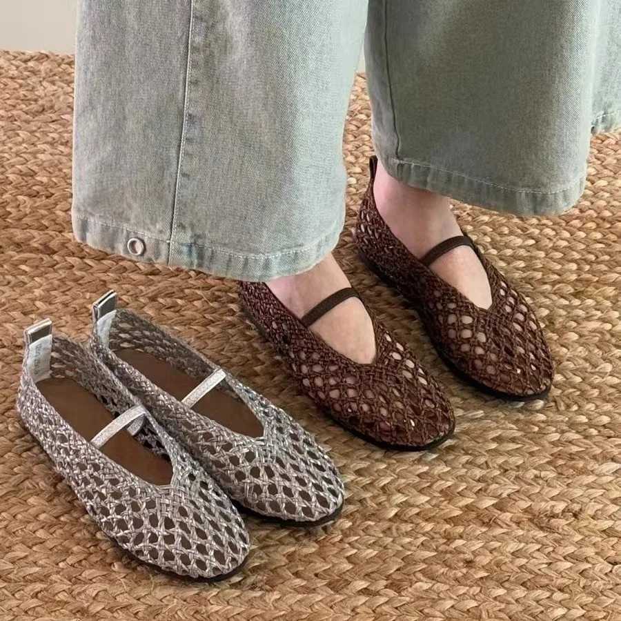 Womens French Woven Hollow Fishnet Loafers Mary Jane Summer Luxury Designer Athletic Y2k Low Heel Round Toe Flats Sandals Shoes W250918