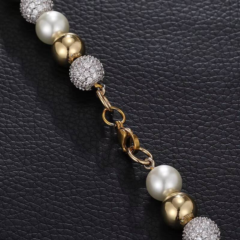 Trendy Hip Hop Iced Out Bead Pearl Necklace 18K Gold Plated Beaded Chain for Men and Women Fashion Jewelry