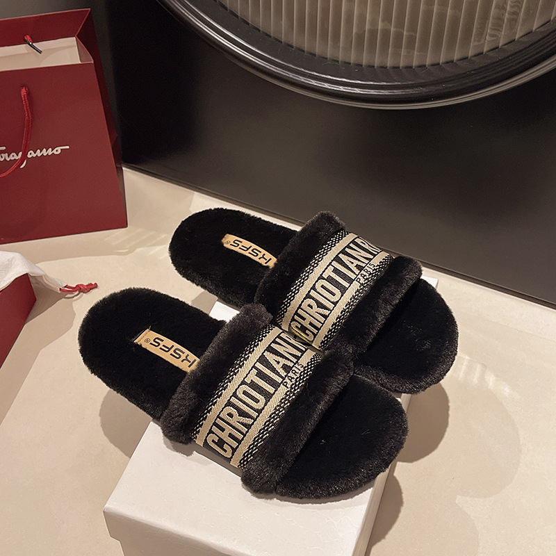 hot Free Shipping Designer slippers for womens flat slippers wihte black grey khaki New velvet warm flat embroidered cotton mop