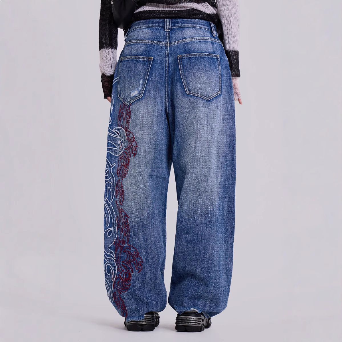 Y2K Embroidery Design Sense Jeans Washed Street Style Hot women and man Wide Leg Pants Loose Long Pants Trendy