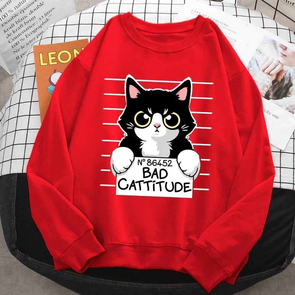 Autumn Winter Womens Pullover No86452 Bad Cattitude Funny Cat Print Hoodie Fleece AllMath Sweatshirts Warm Crewneck Ladies TopsZ250918