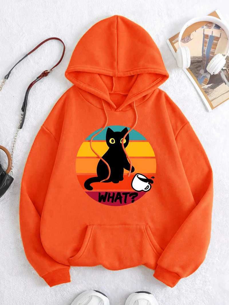 The Black Cat Playing Coffee Design Women Hoody Harajuku Street Hoodies Casual Fleece Hoodie Loose Multicolor Woman PulloverZ250918