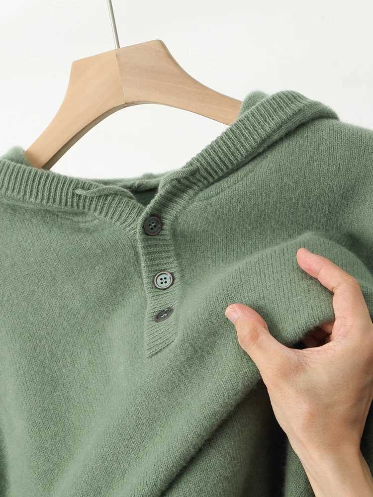100 Merino Wool Sweater Men Hooded Pullover Autumn Winter 3 Buttons Classic Casual Knitwear Drawstring Solid Thick Clothing TopZ250918