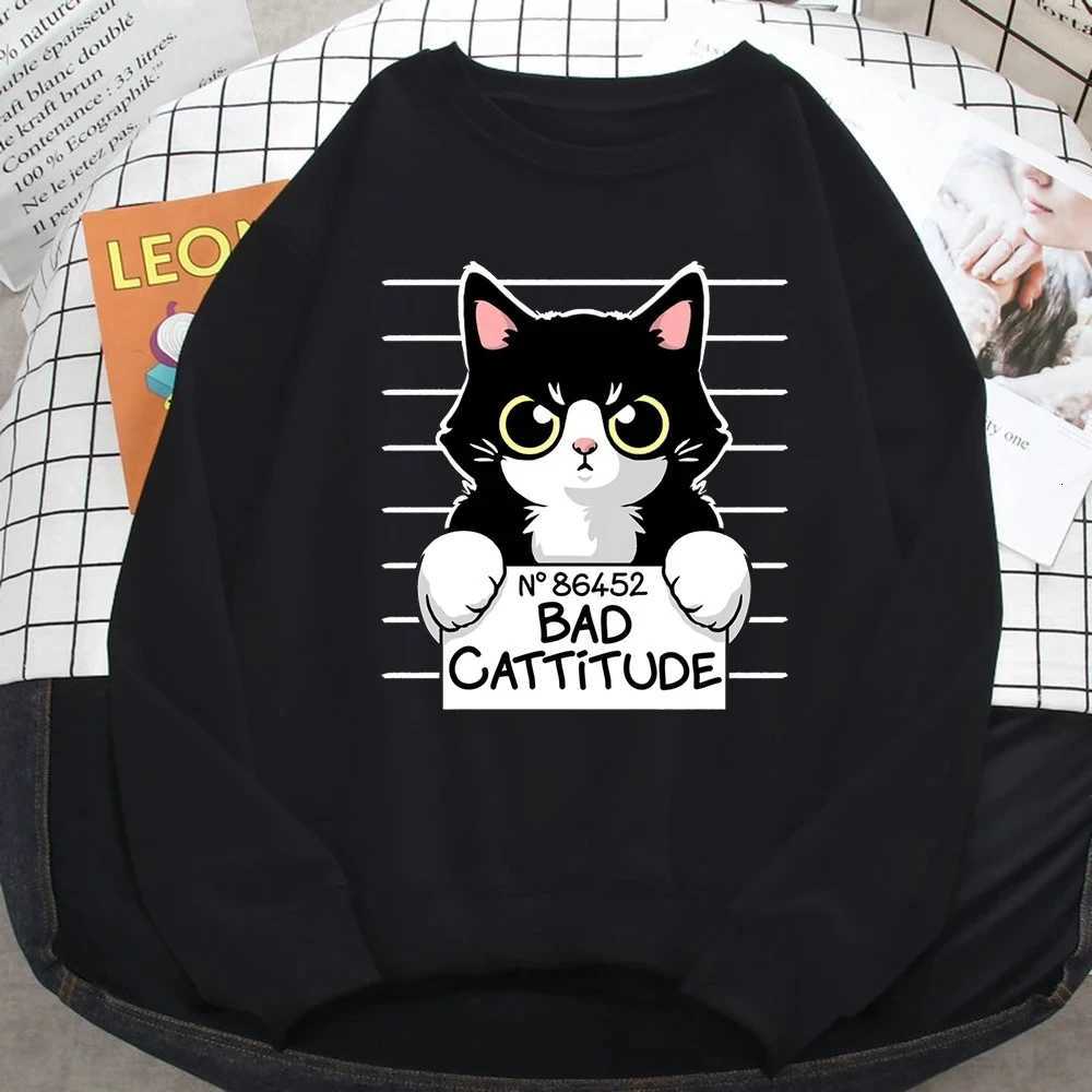 Autumn Winter Womens Pullover No86452 Bad Cattitude Funny Cat Print Hoodie Fleece AllMath Sweatshirts Warm Crewneck Ladies TopsZ250918