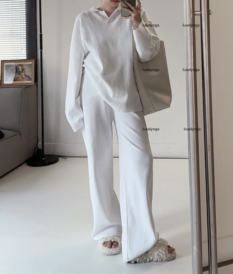 Knitted Long Sleeve Knit Polo Shirts And Wide Leg Pants Set for Women Lounge Sets Polo Neck Sweater and Wide-Leg Sweatpants Casual Matching Sets 2 Piece Outfits