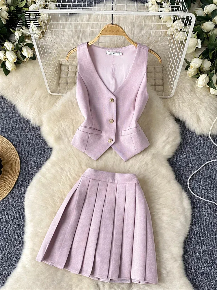 SINGREINY French 2pcs Suit Women Summer Single Breasted Basic CamisoleZipper Pleated Skirt Ladies Fashion Two Pieces Set 250320