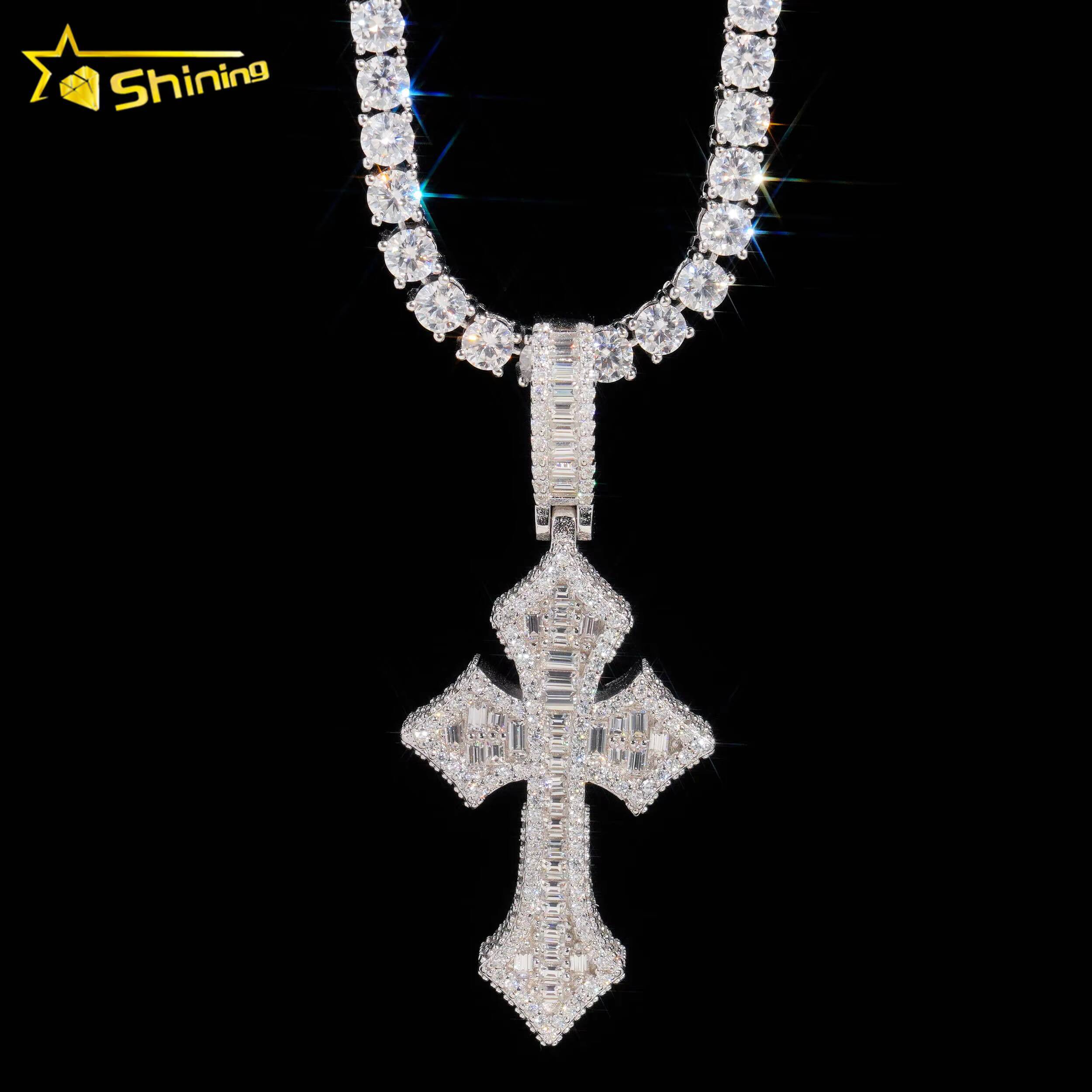 Wholesale Luxury baguette Diamond Pass Diamond Tester 925 Silver Hip Hop Iced Out Vvs Moissanite Cross Pendant