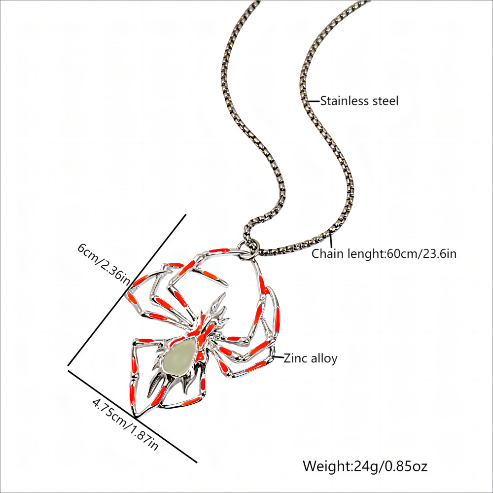 Halloween European and American creative three-dimensional luminous spider necklace, fashionable men's hip-hop alloy luminous insect pendant