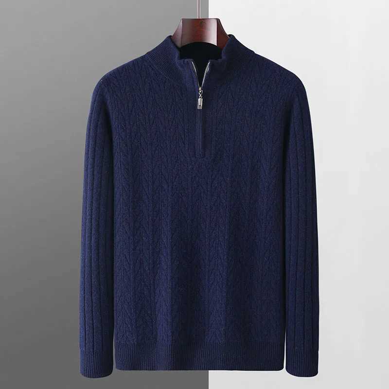 100 Merino Wool Jacquard Pullovers Mens Mockneck Zipper Sweater Autumn Winter Thick Warm Cashmere Knitwear Smart Casual TopZ250918