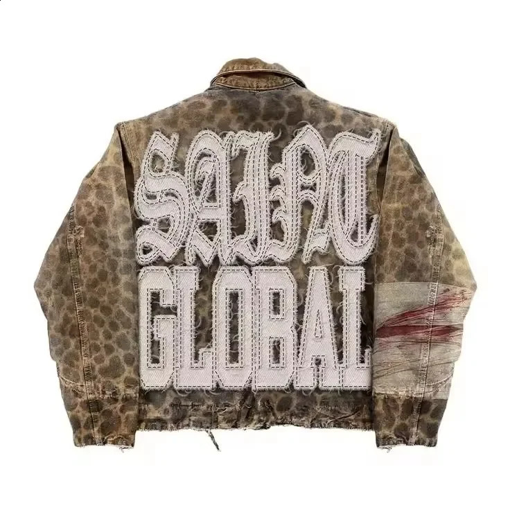 Gothic Retro Camouflage Leopard Jeans Jacket Two Piece Y2K Suit Letter Patchwork Embroidery Oversized Coats Trousers Clothes 250918