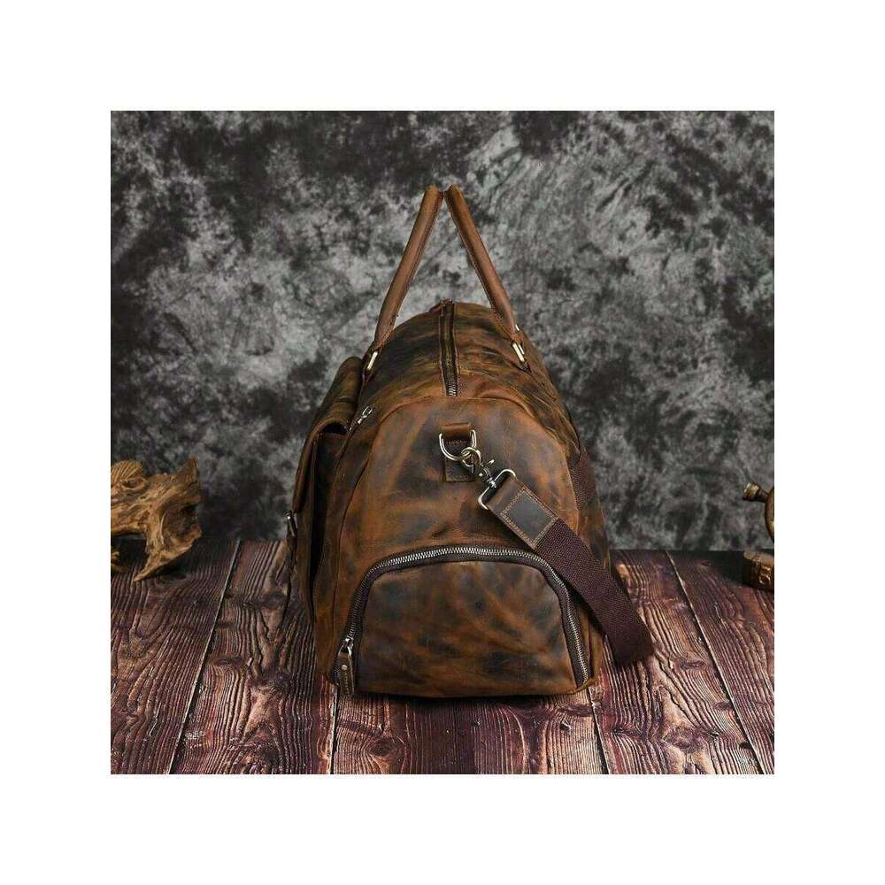 Resistant Canvas+ Leather Travel Lage Tote Duffle Gym Suitcase Weekender Overnight Bag Men Male FB8151 A - Brown