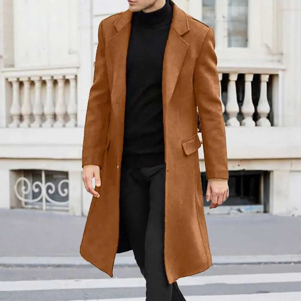 Men Retro Style Windbreaker Woolen Coat Lapel Long Sleeve Buttons Placket Midlength Coat Solid Color Daily Wear Z250918