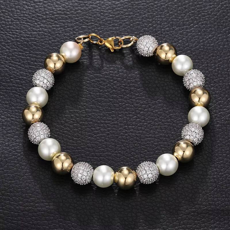 Trendy Hip Hop Iced Out Bead Pearl Necklace 18K Gold Plated Beaded Chain for Men and Women Fashion Jewelry