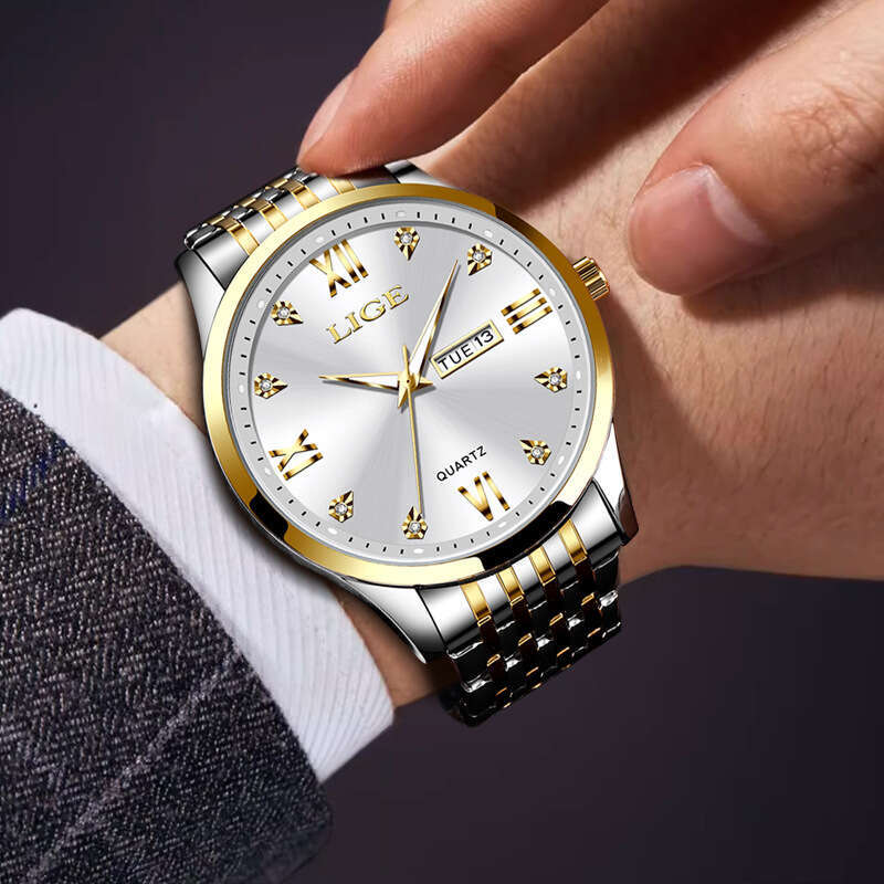 LIGE Business Simple Large Dial Men's Waterproof Luminous Dual Calendar Steel Band Quartz Watch