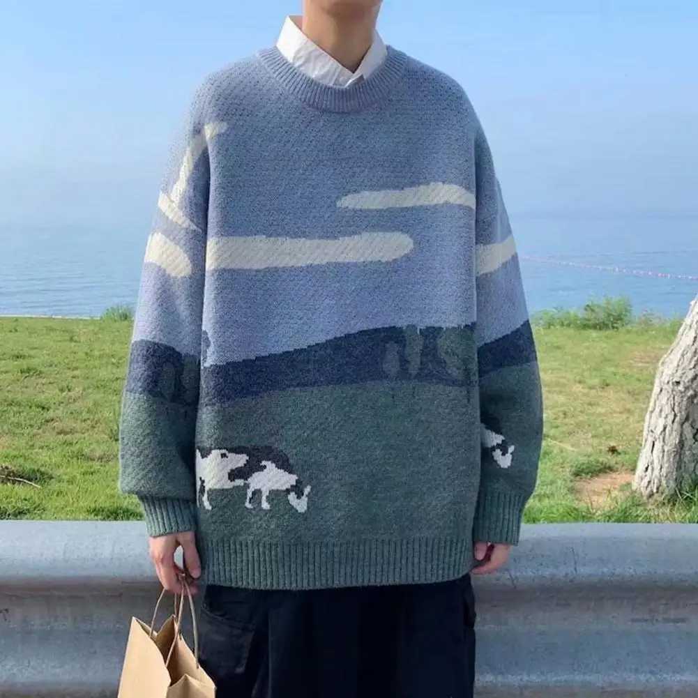 Mens Cows Print Sweaters 2025 Winter Patchwork Knitted Pullover Men ONeck Korean Fashion Sweater Women Casual Harajuku ClothesZ250918