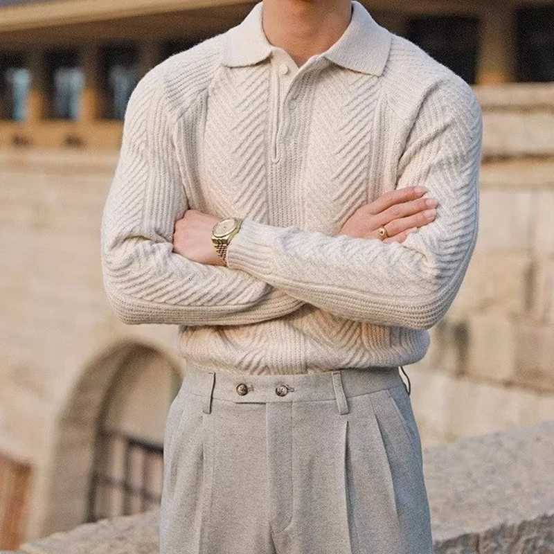 Fashionable Textured Knitted Sweater Mens Polo Shirts Long Sleeve Turndown Collar Zipper Jumper Tops Autumn Men Knit ClothingZ250918