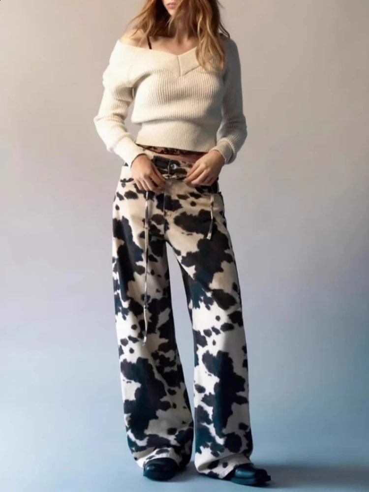 HOUZHOU Vintage Cow Print Women Y2k Baggy Hip Hop Washed Denim Trousers Grunge Retro Streetwear Wide Leg Jeans Aesthetic Z260313