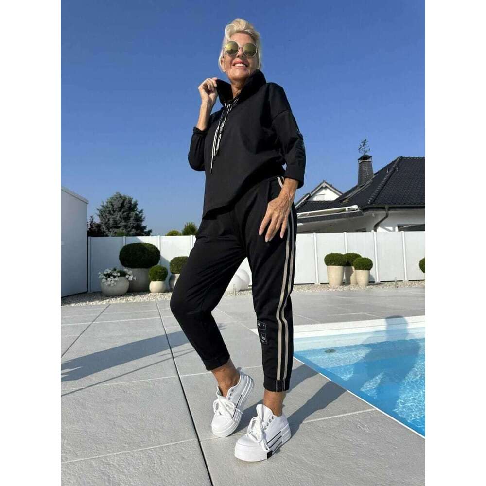 2025 Autumn Winter New European and American Cross-Border Women's Solid Color Round Neck Sleeve Ribbon Splicing Long Pants Set for Women