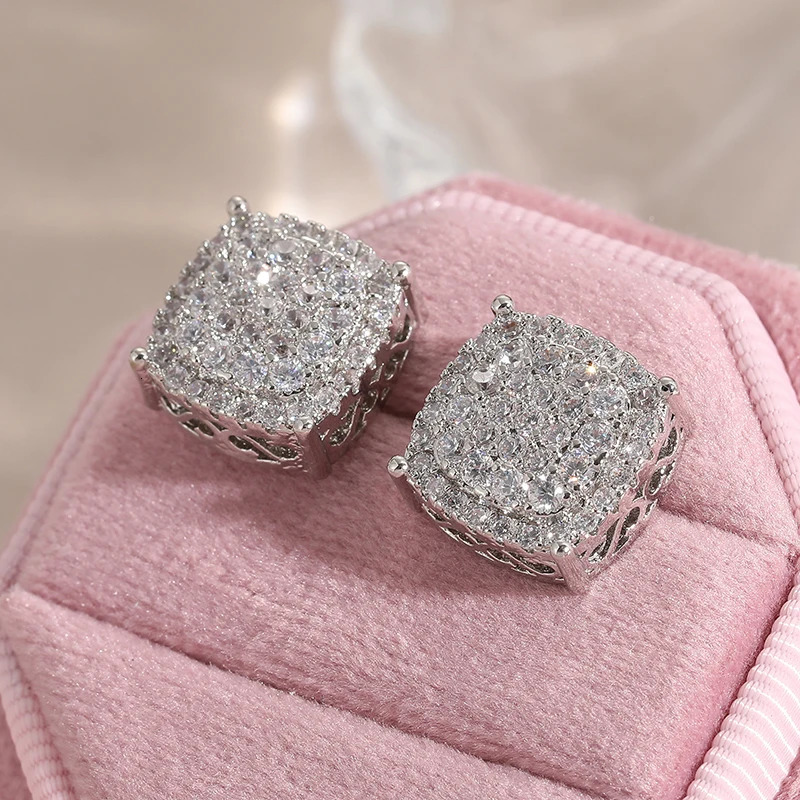 Silver Color Square Inlaid Cubic Zirconia Stud Earrings for Women Fashion Engagement Wedding Earrings Jewelry 250917 - view 6
