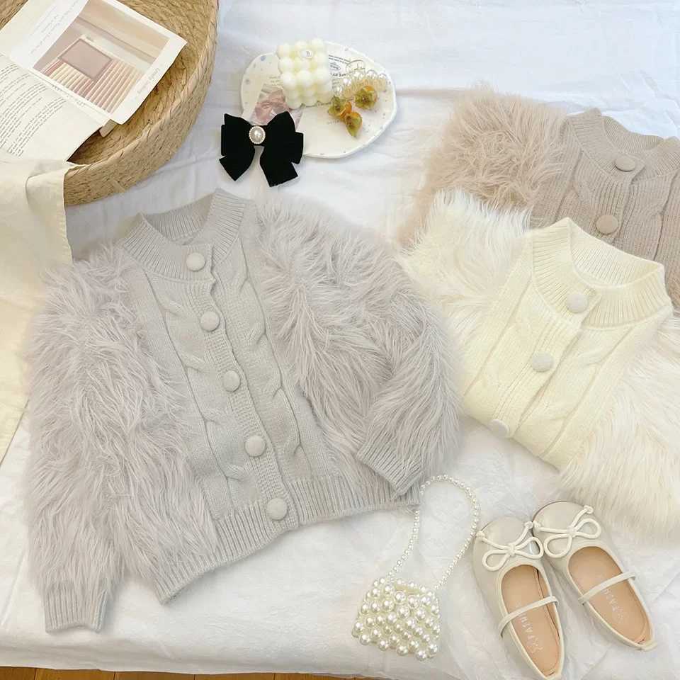Girls Knitted Cardigan Autumn Winter New Childrens Fashion Faux Mink Fur Top Korean Version Sweater Jacket for Little Girls L250917