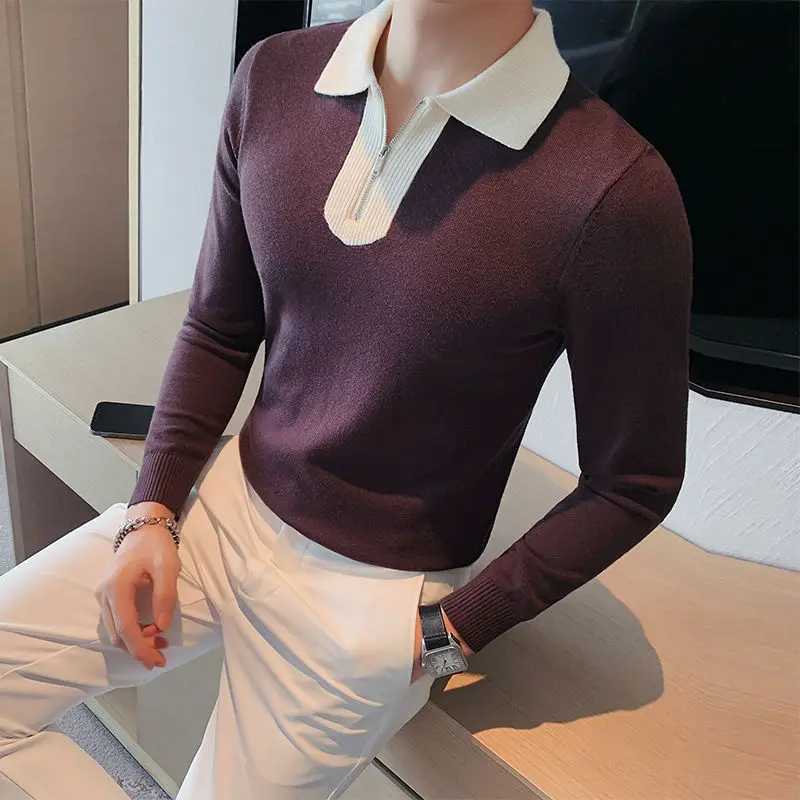 Trend Fashion Spring Autumn New Sweaters Mens Lapel Half Zipper Contrast Color Casual Loose Long Sleeve Pullovers Knitted TopsZ250918