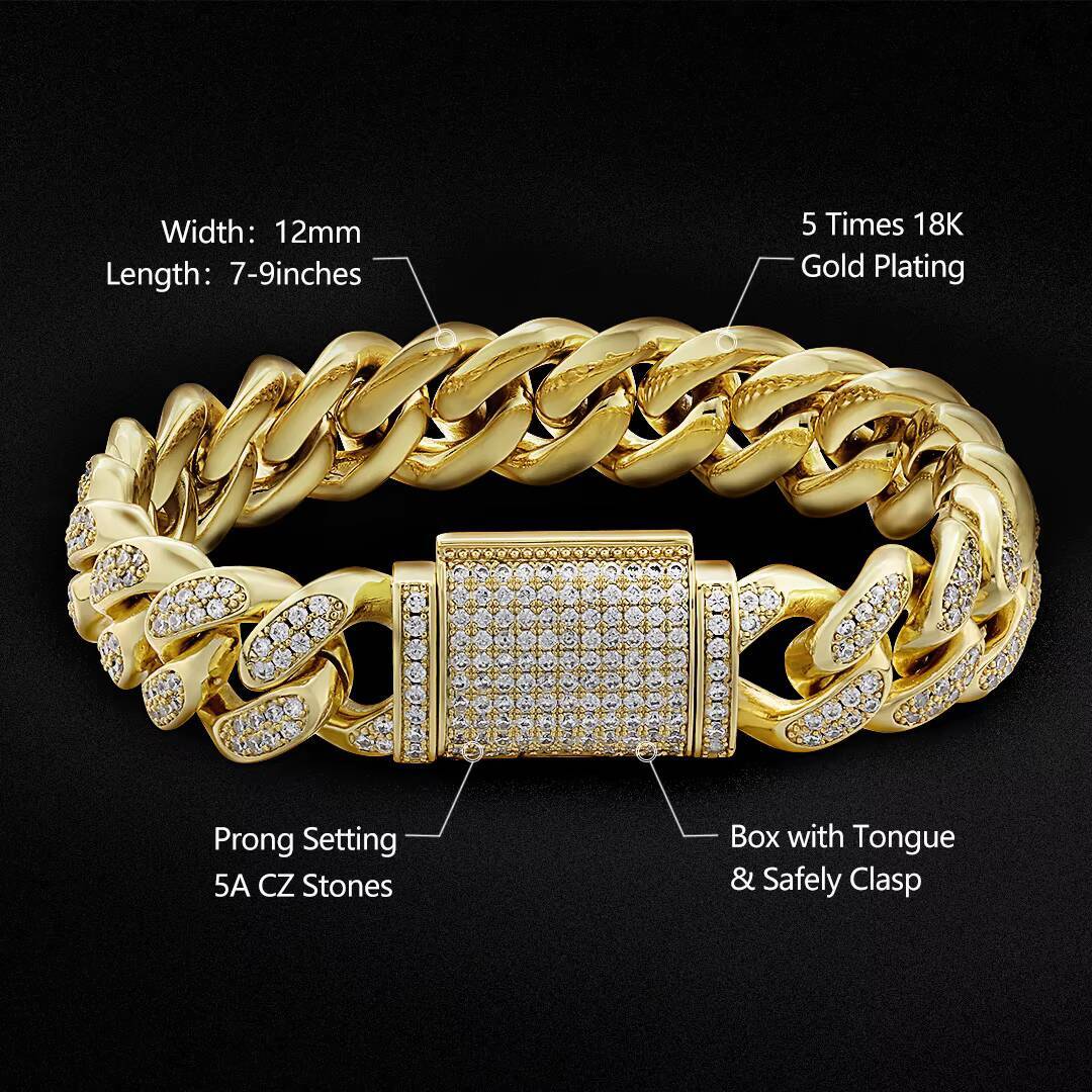 KRKC Hip Hop 12mm 18k Gold Box Clasp Miami Cuban Link Chain Iced Out Bling Moissanite Cubic Diamond Link Chain Cuban Necklace for Men