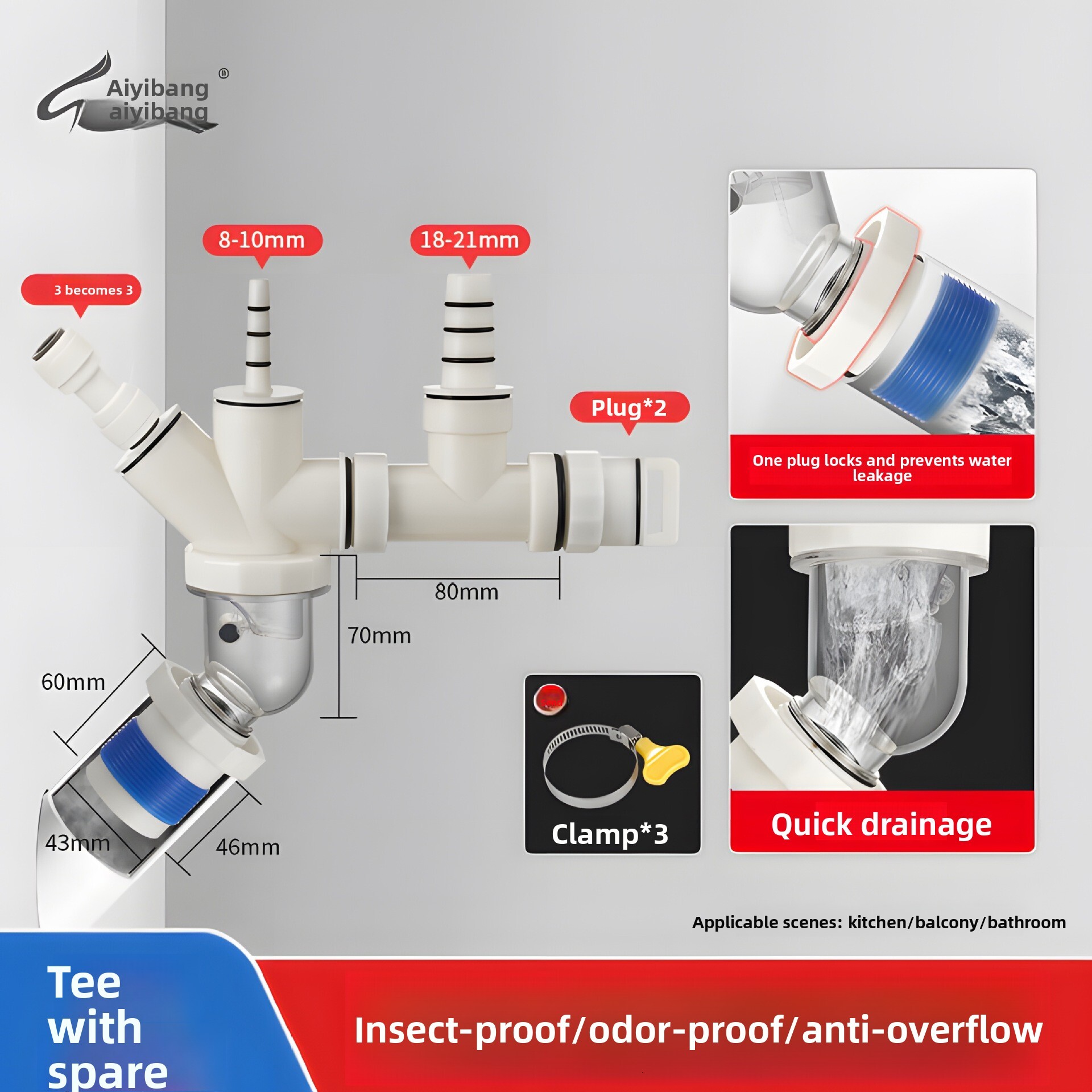 45 Degree Wall Four-Way Connector Special Anti-Odor Artifact Multi-Connection Drain Pipe Seal Plug