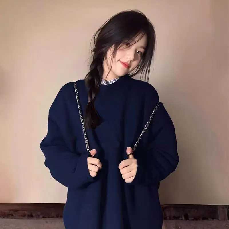 New crew neck sweater womens four seasons thin solid color niche versatile loose casual longsleeved top ins tideZ250918