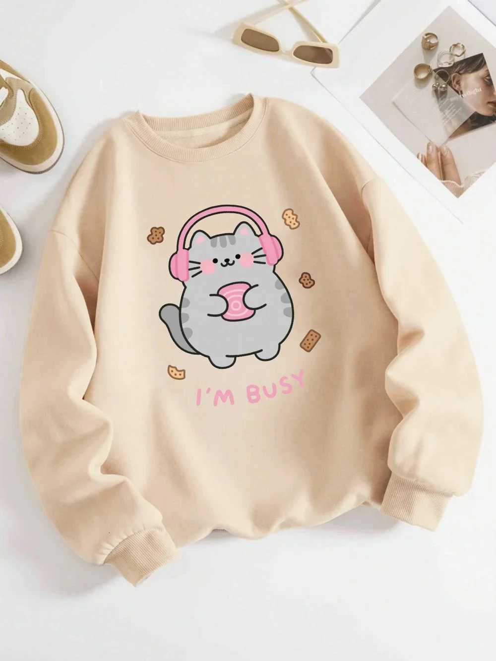 IM Busy Cute Cat Prints Hoodies Womens Comfortable Sweatshirts 2025 Autumn and Winter Hoodie Warm Casual Women ClothesZ250918