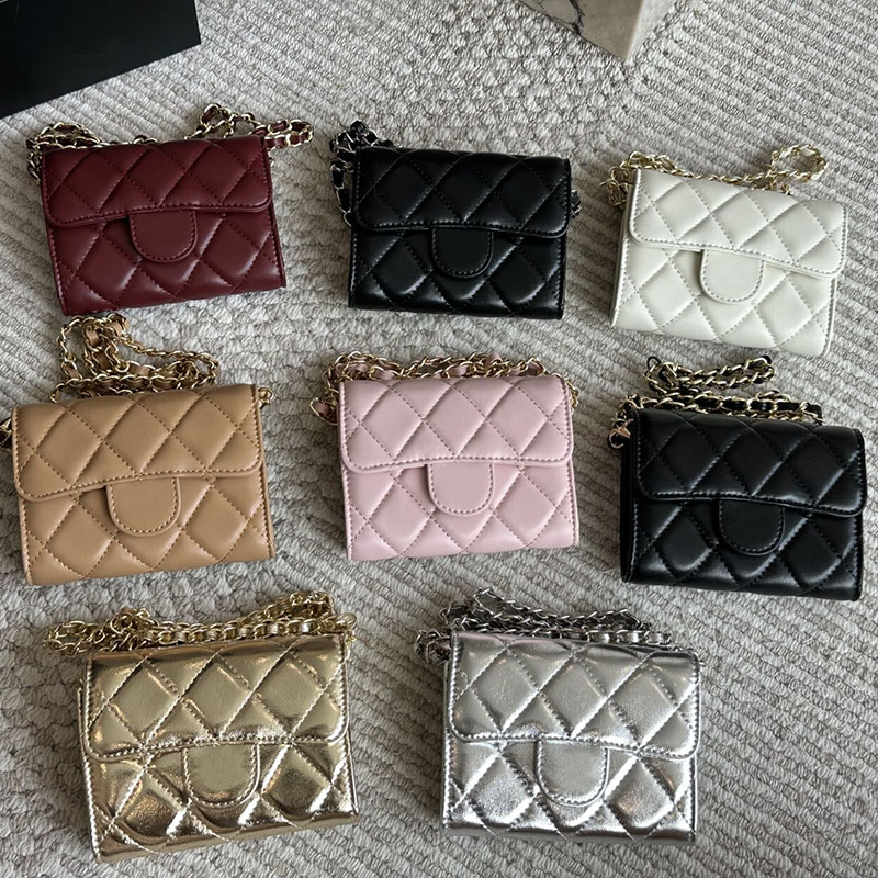 Ladies Designer Bi-Fold Wallet Card Holder Bag Lambskin Leather Multi Colors Gold Hardware Matelasse Chain Diamond Lattice Crossbody Flap Purse Sacoche 12x10cm
