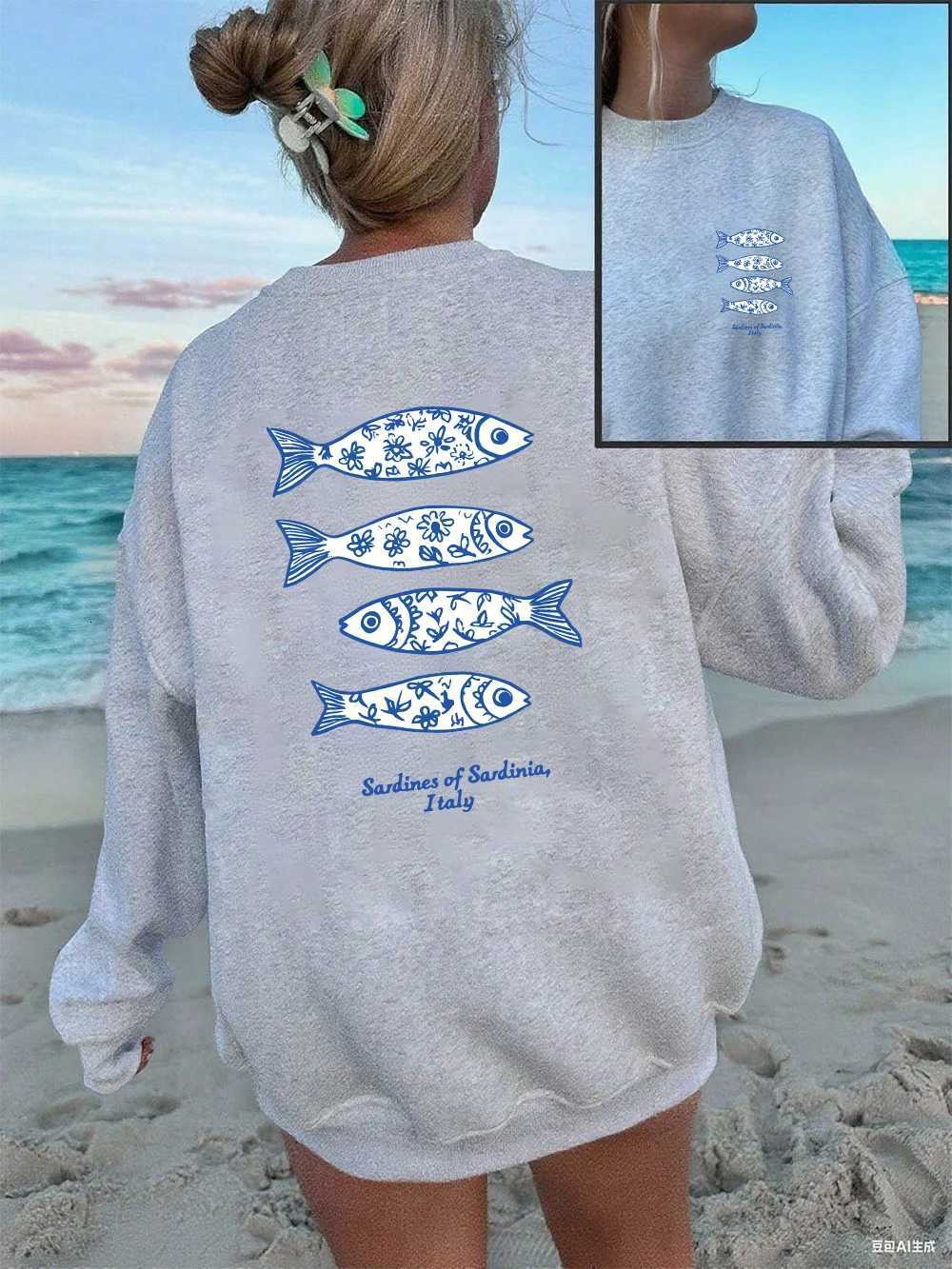 Sardines Of Sardinia Italy Prints Sweatshirt Womens Winter Fleece Warm Hoodies Crewneck Loose Tops Basics Sporty Woman ClothesZ250918