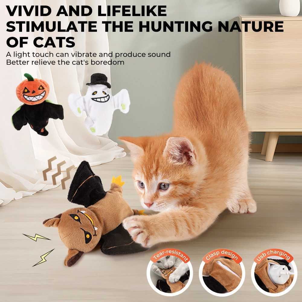 Interactive Cat Toy Pumpkin Head Ghost Bat Halloween Flapping Toy Simulation Sound Cat Toys Touch Activated Plush Toys for Cats X250918