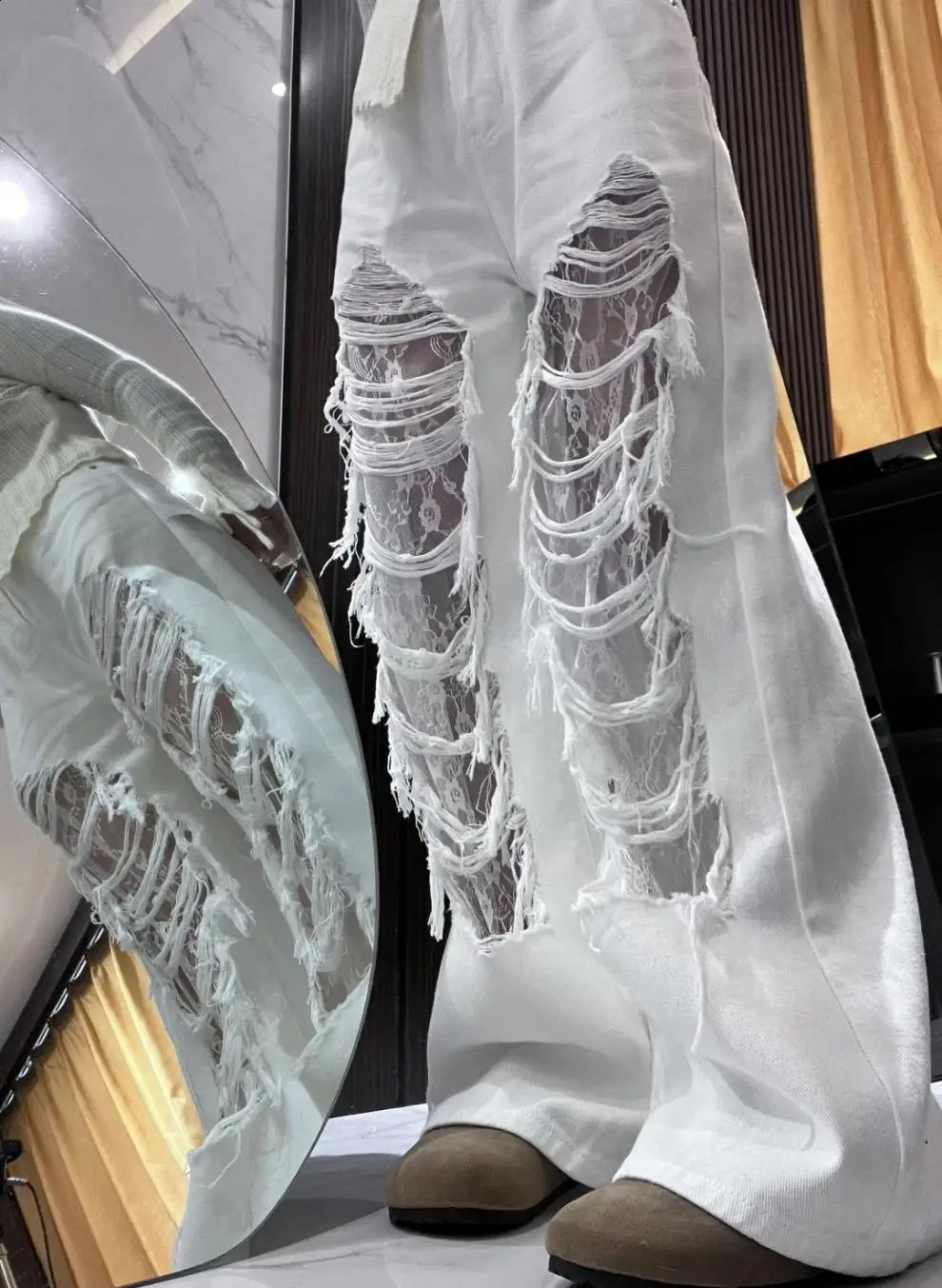 Washed Ripped Lace Denim Jeans for Women Street Straightleg Loose Wideleg American Style Long Pants Z260313