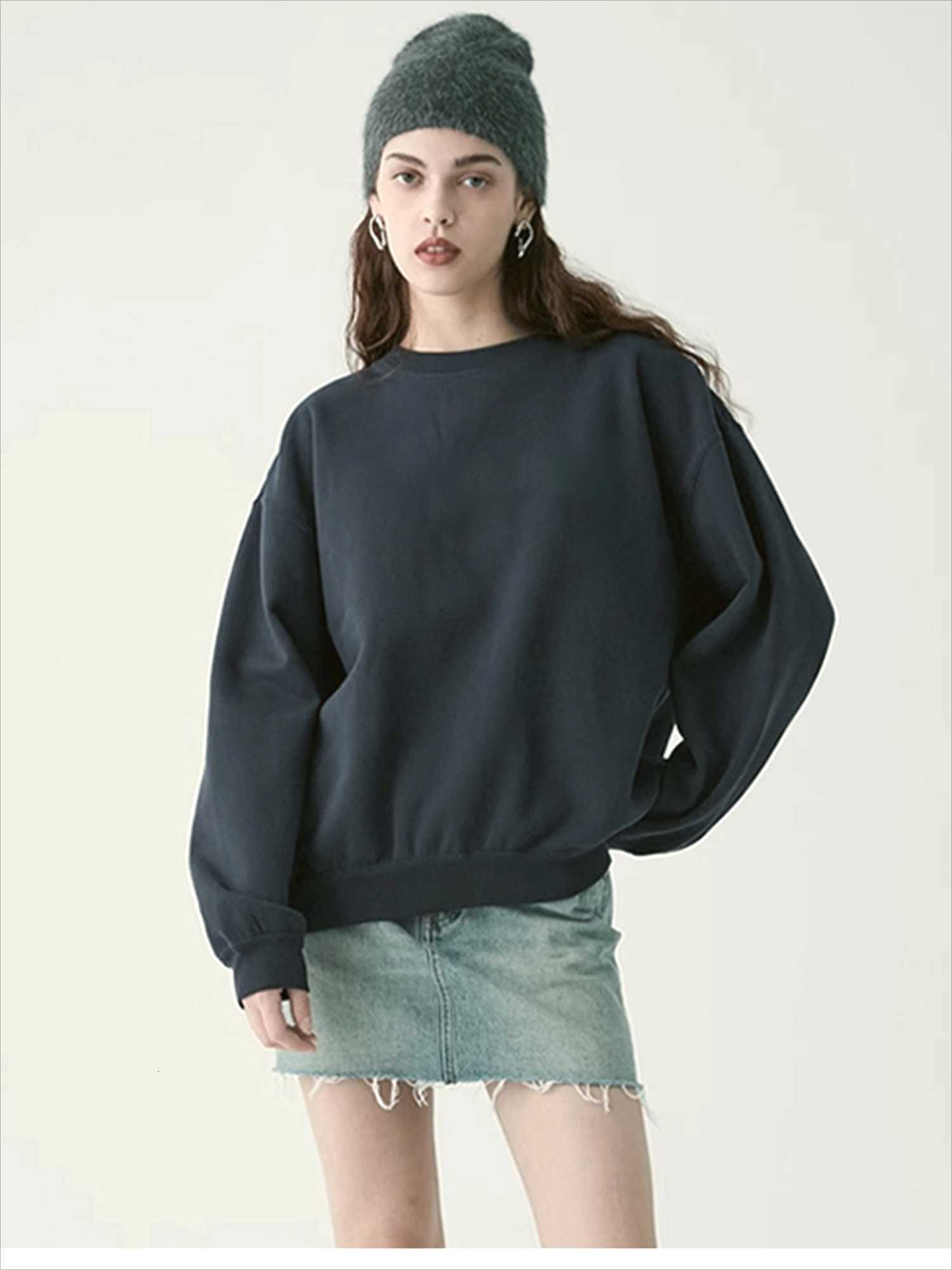 mens and womens Solidcolor Crewneck hoodie suitable highstreet American style heavyweight longsleeved top for couplesZ250918