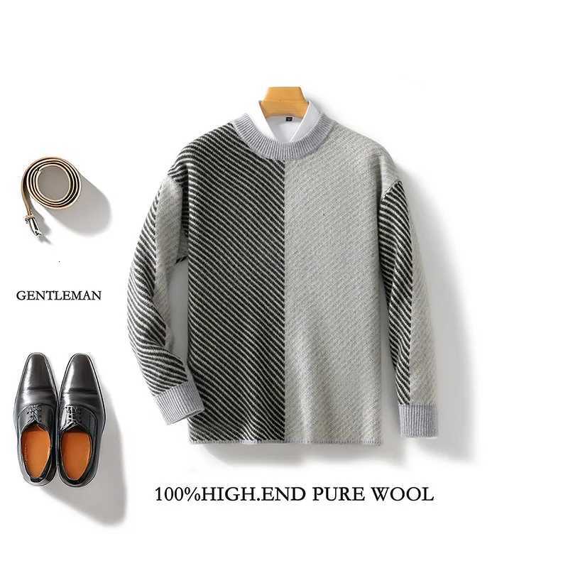 Mens 100 Merino Wool Fashion ONeck ColorBlocking Sweater Long Sleeves Pullover Cashmere Casual Comfortable Warm Clothing TopZ250918