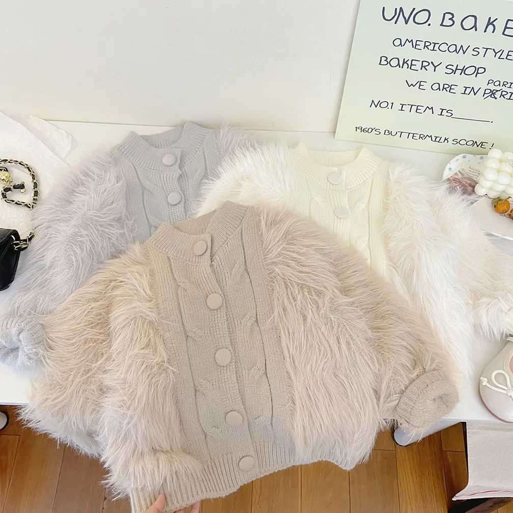 Girls Knitted Cardigan Autumn Winter New Childrens Fashion Faux Mink Fur Top Korean Version Sweater Jacket for Little Girls L250917