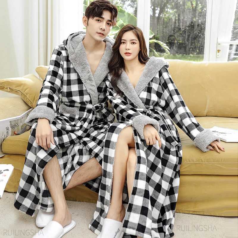 Women Winter Plus Size Super Long Warm Flannel Bathrobe Hooded Thick Coral Fleece Bath Robe Dressing Gown Men Sleepwear Robes G250918