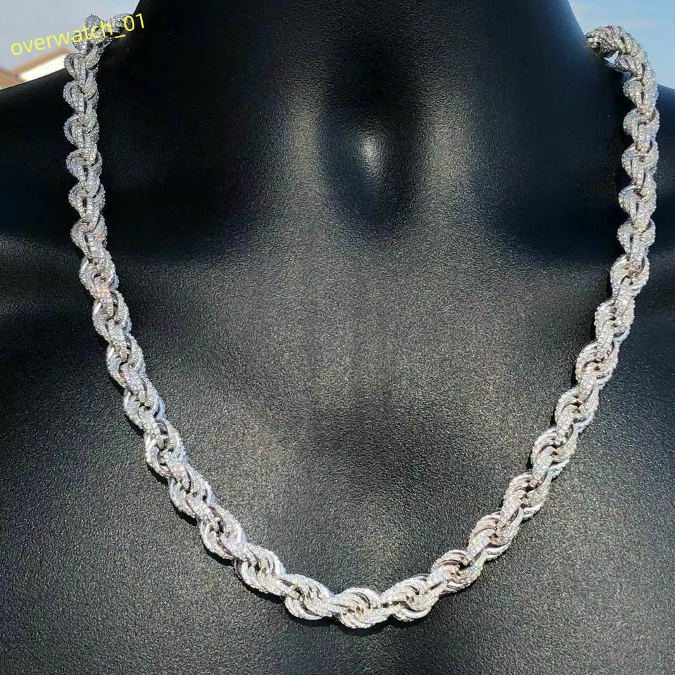 Classic Moissanite Rope Chain Necklace Iced Morganite Stone Solid Platinum 925 Sterling Silver Hip Hop Diamond Style for Mens Wedding