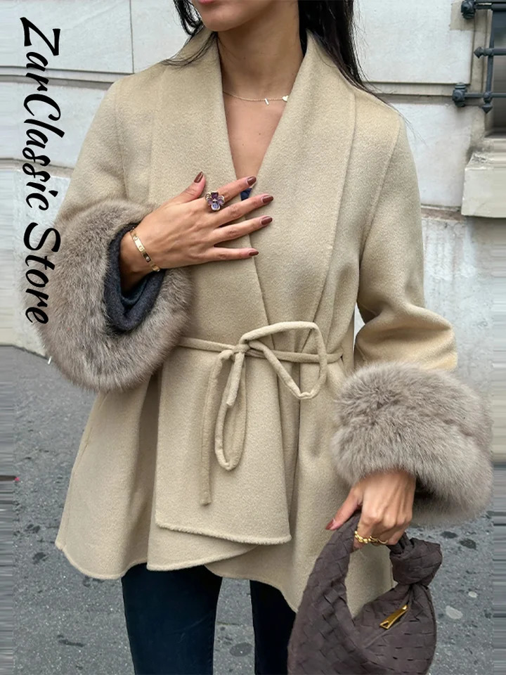 Elegant Womens Lace Up Fur Patchwork Woolen Coat Lapel Long Sleeve Solid Belt Overcoats Autumn Winter Lady Warm Steetwear 250917