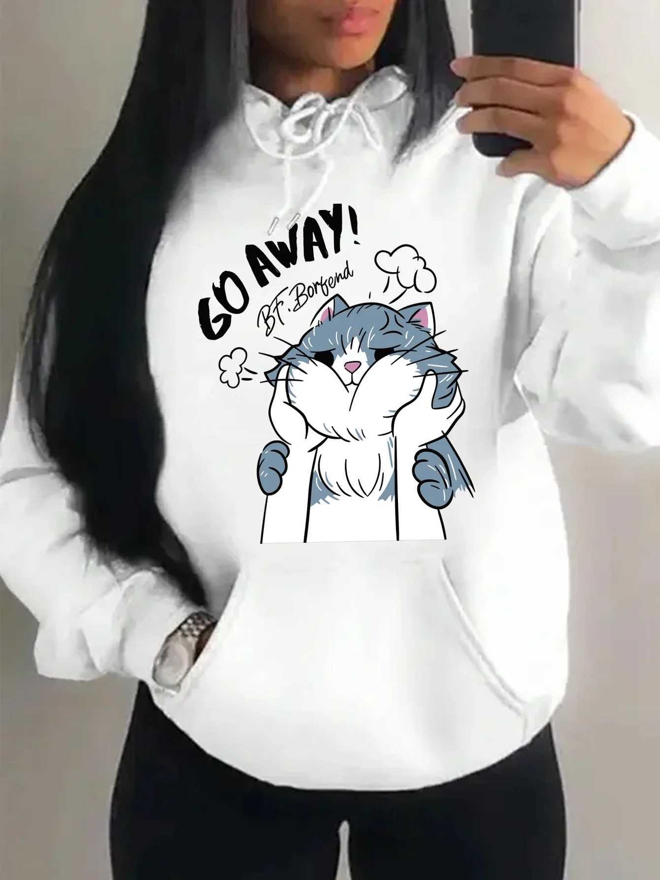 Go Away The Touched Cartoon Cat Printing Women Hoodie Casual 2025 Winter Hoodies Sweatshirt Comfortable Fleece SportswearZ250918
