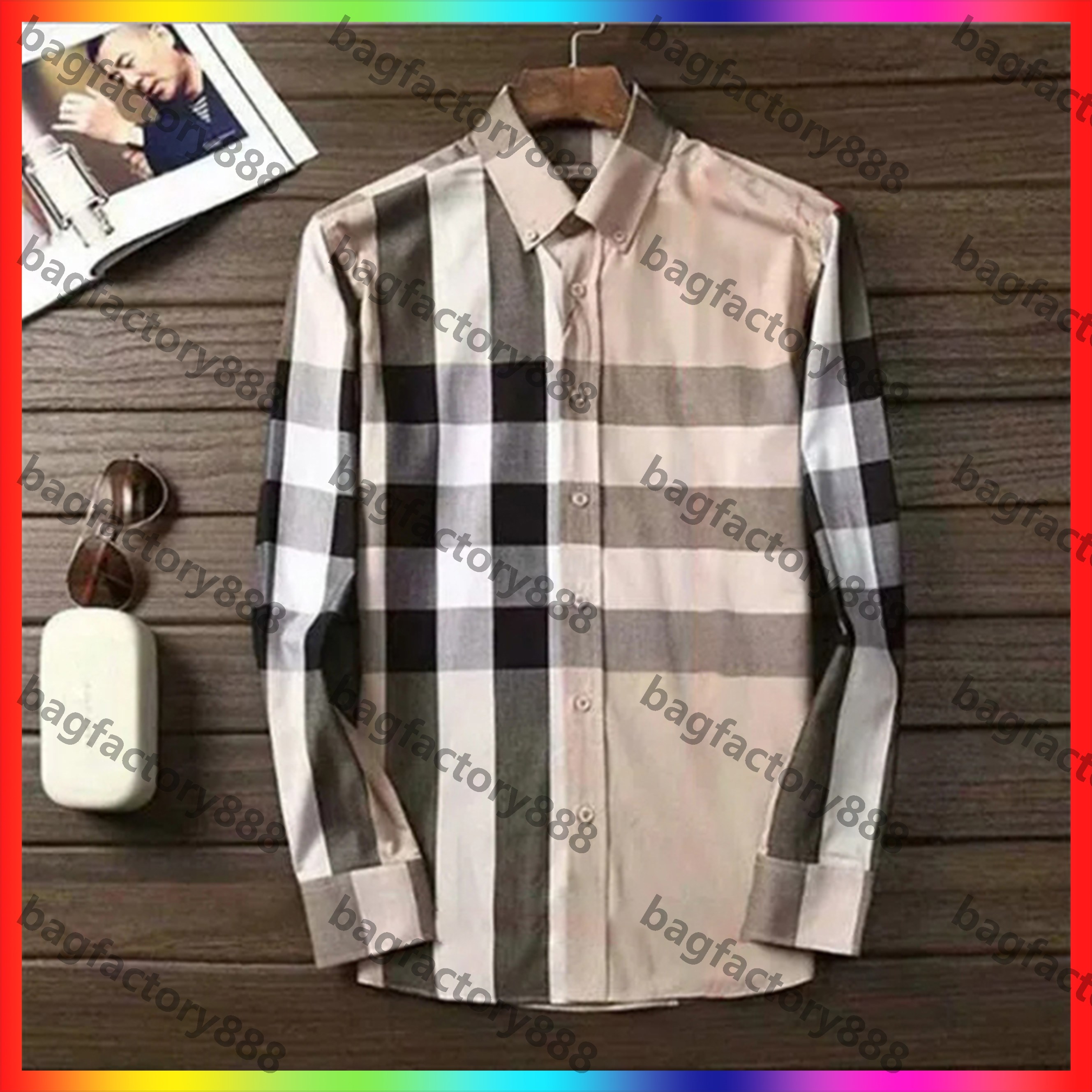 5A Men's Dress Shirt Slim Fitted Spread Collar Plaid Stripe Long Sleeve shirts Pure Cotton Designer Brand Spring Summer Business Office Casual Male clothing 01