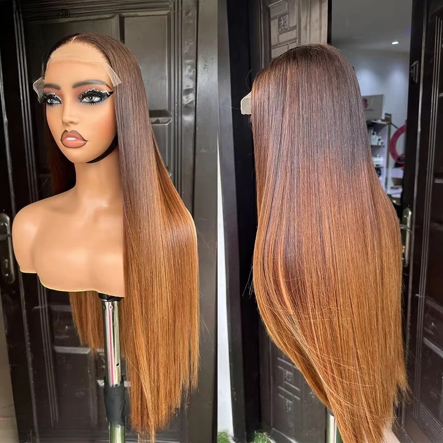 Ombre Brown Wig 200 Density 13x4 13x6 HD Lace Frontal Wig Bone Straight Human Hair Wigs Transparent 30 40 Inch Brazilian Hair Glueless Pre plucked