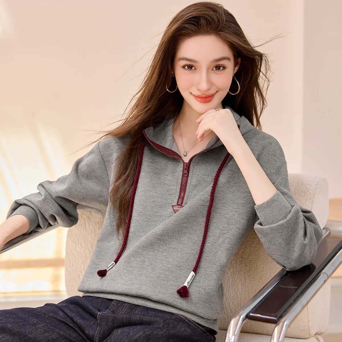 LOUIS YAO ContrastColor Zipper Design Womens Hoodies 2025 Autumn Casual Oversized DropShoulder Knit Sweatshirts Chic WearZ250918