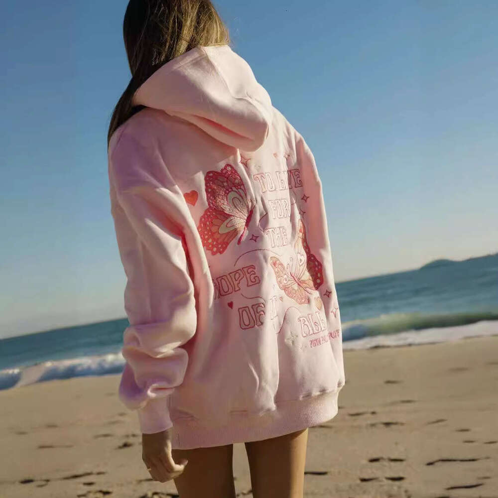 2025 New Version European Size Women's Drop Shoulder Sleeve Ribbed Hoodie Printed