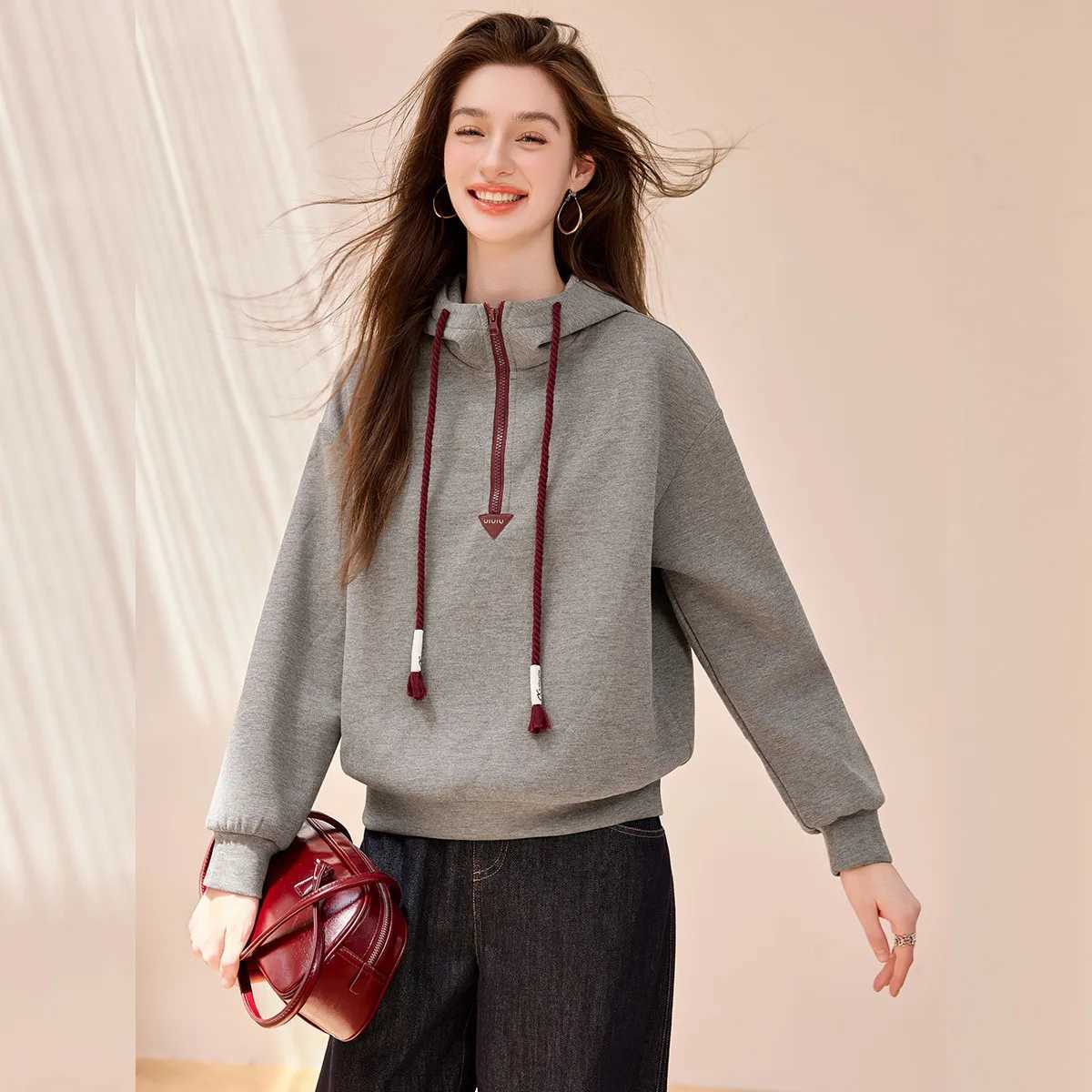 LOUIS YAO ContrastColor Zipper Design Womens Hoodies 2025 Autumn Casual Oversized DropShoulder Knit Sweatshirts Chic WearZ250918