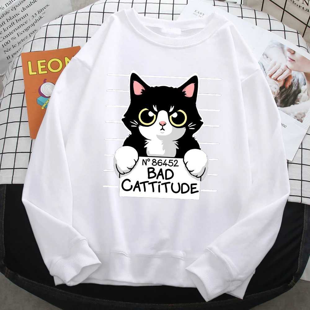 Autumn Winter Womens Pullover No86452 Bad Cattitude Funny Cat Print Hoodie Fleece AllMath Sweatshirts Warm Crewneck Ladies TopsZ250918
